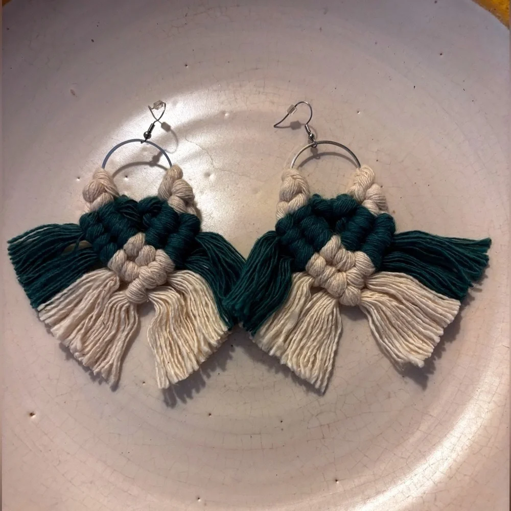 Kelly Green and Cream Macrame Earrings